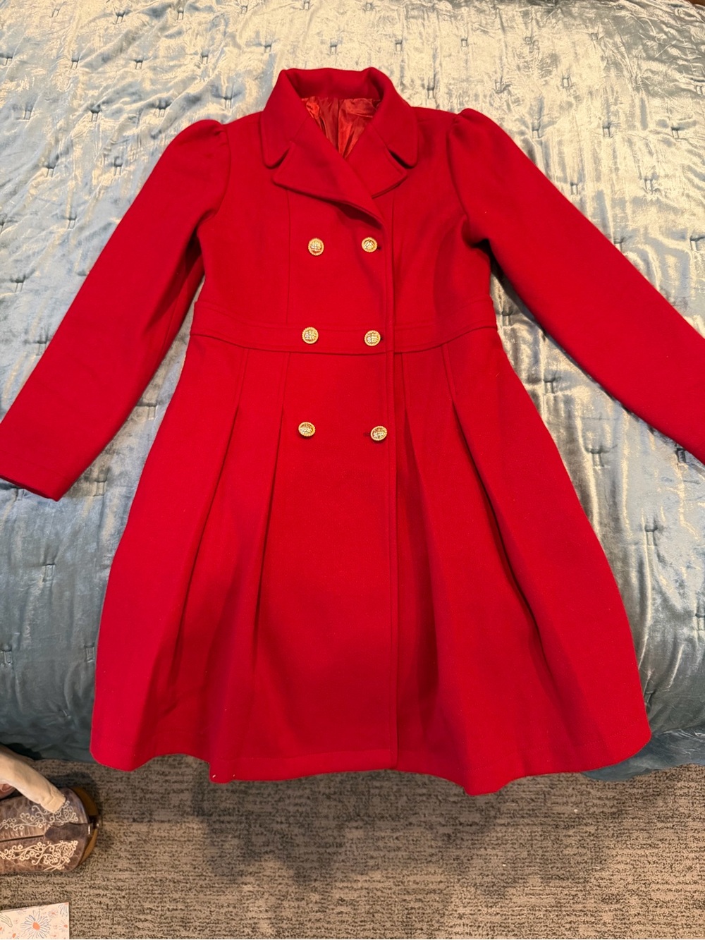 Girls Double-Breasted Red Wool Coat